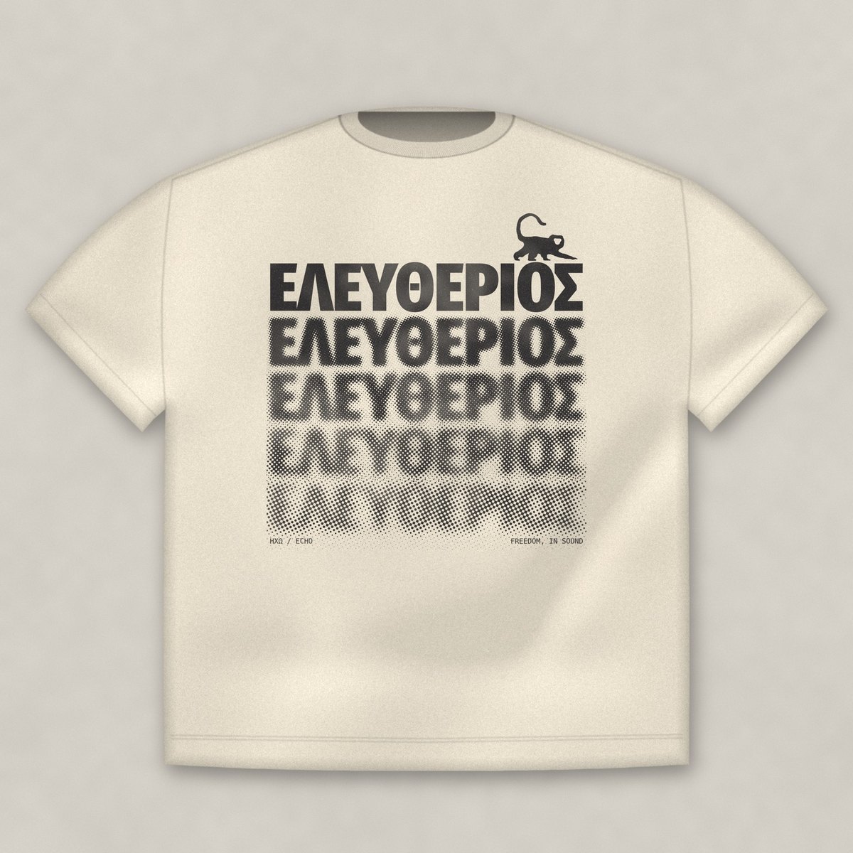 Front: ΕΛΕΥΘΕΡΙΟΣ repeated in fading halftone, with the walking monkey